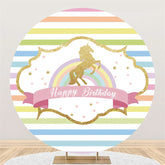 Lofaris Rainbow Stripe Gold Horse Happy Birthday Round Backdrop